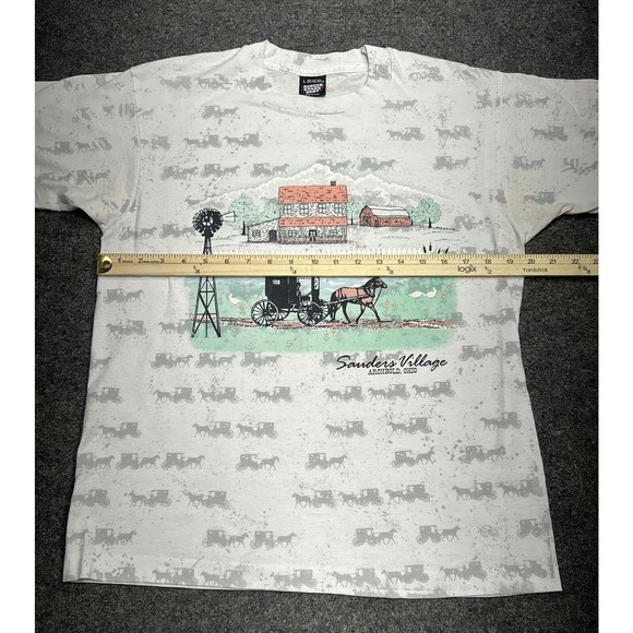 Vintage 90s White AOP Farmland Omish Graphic T-Shirt Single Stitch Size Large - Picture 8 of 10